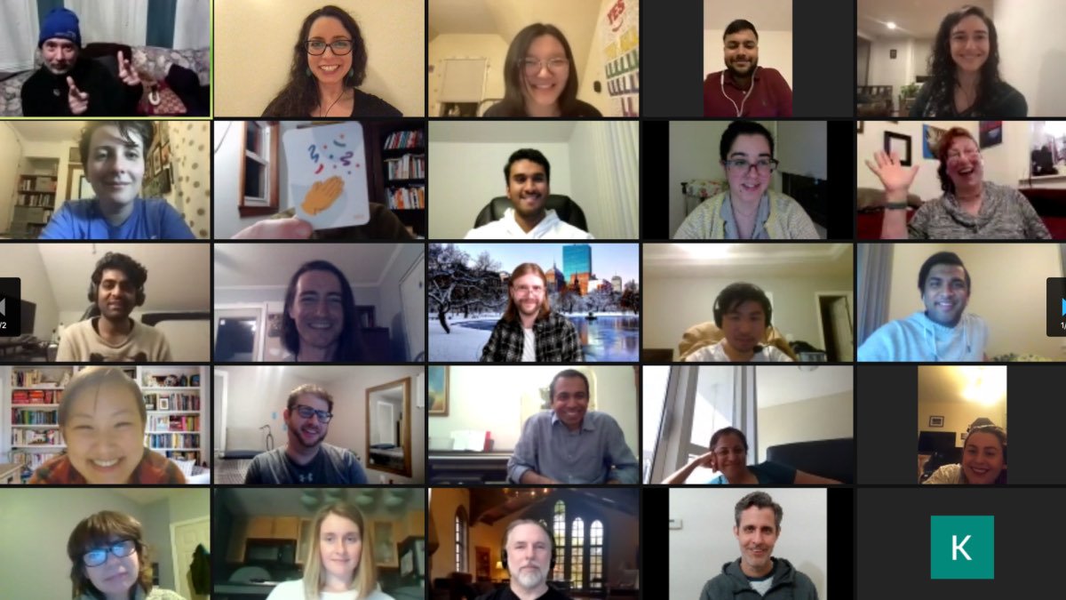 A grid of smiling guests on a group video call.